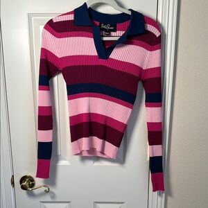 Lesley Evers M Pink and Navy Striped Long Sleeve Polo sweater